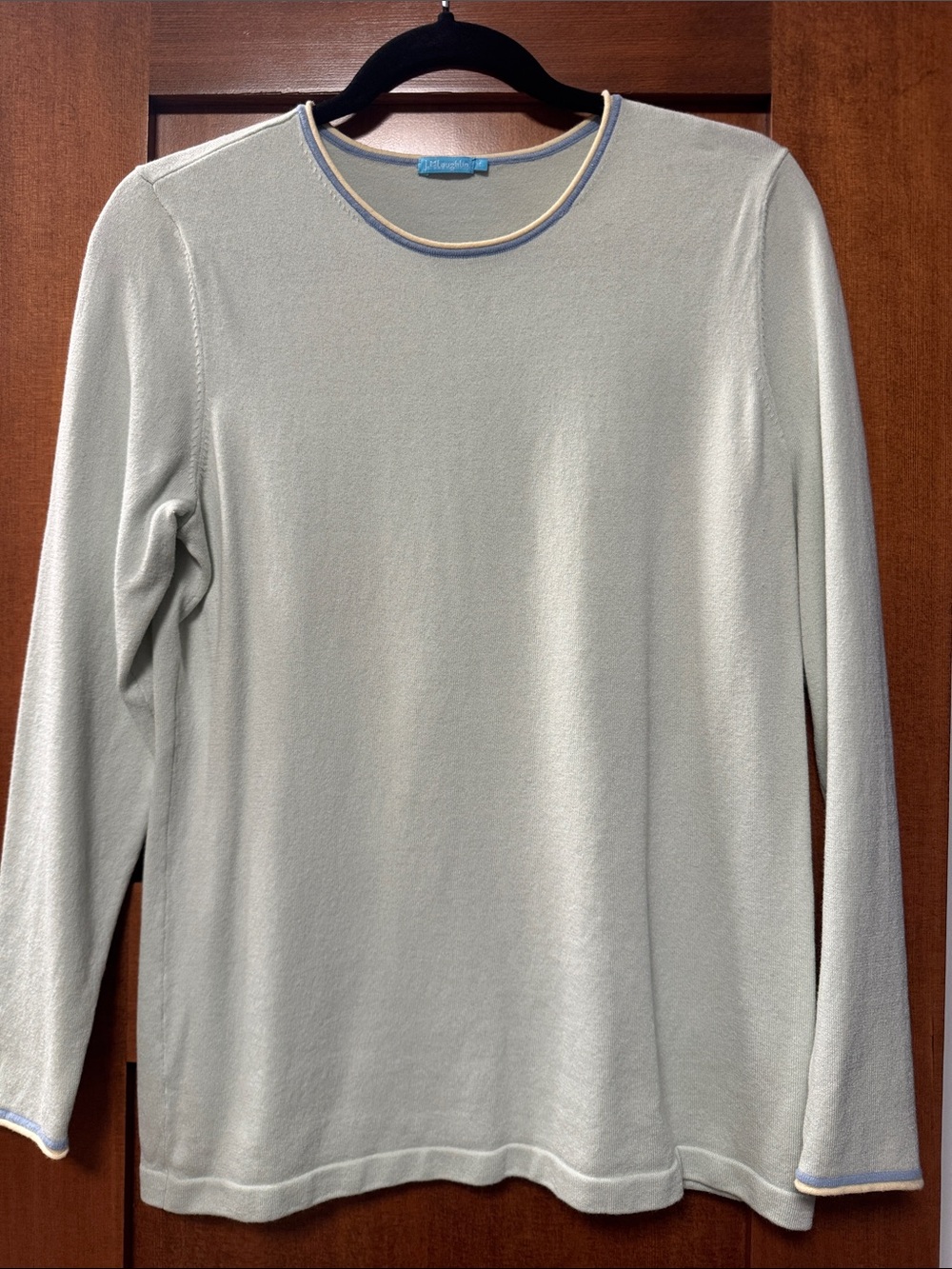 Women's Crewneck Sweater in Light Sage with Contrast blue and yellow Trim